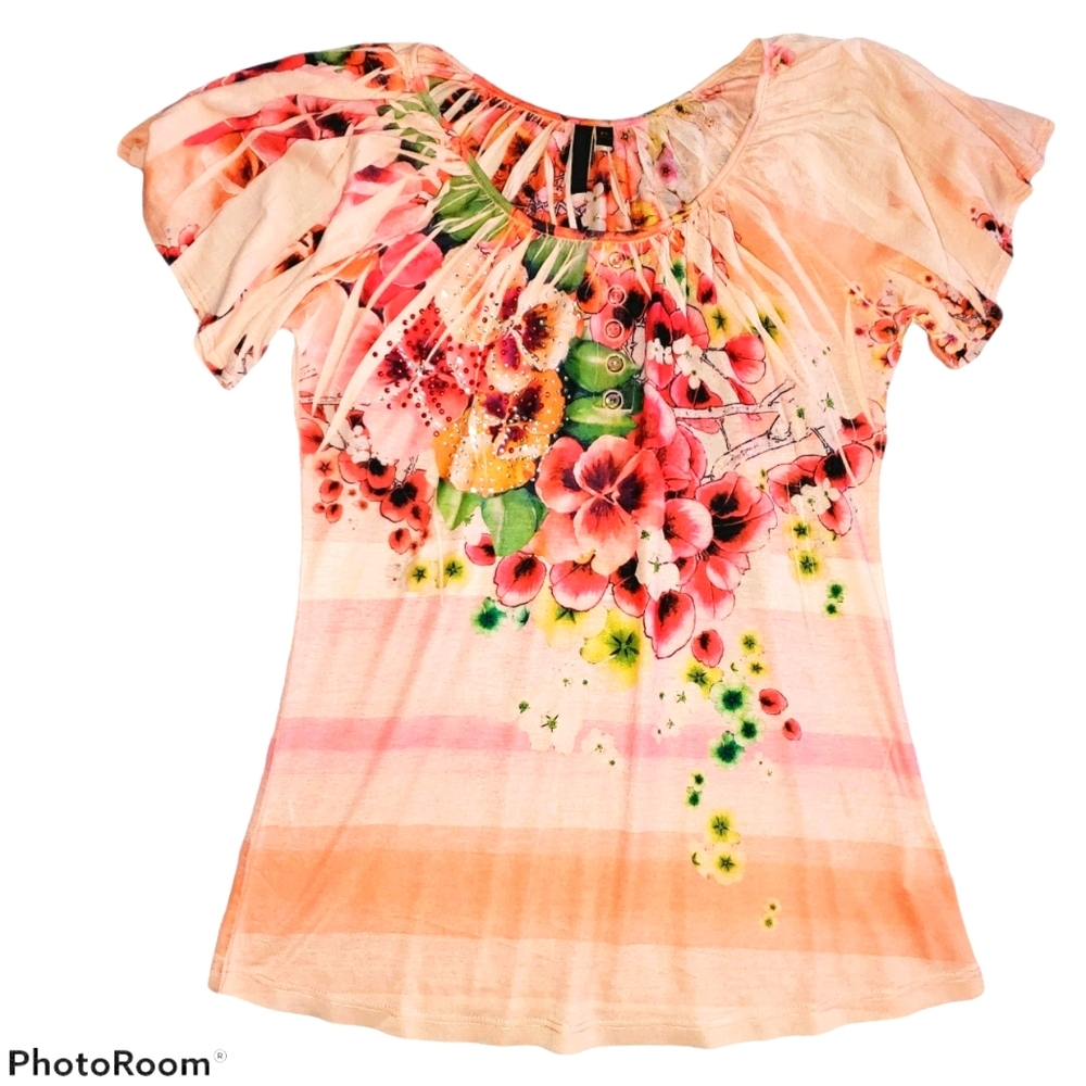 Susan Lawrence Peach Floral Rhinestone Blouse Cap Sleeve Wide Neck Size S